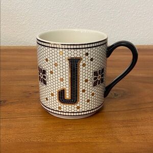 Anthropologie bistro tile mug letter J cream black gold modern contemporary home